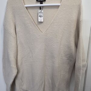 Express Cream Ribbed V-Neck Sweater Dress Tunic Med
